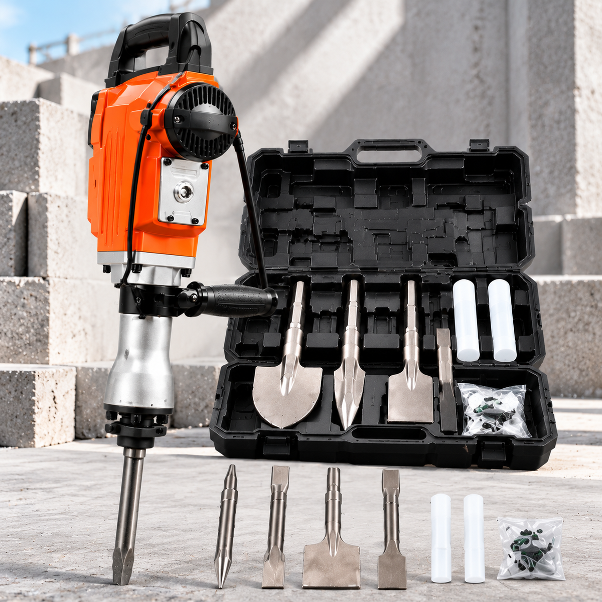 Heavy Duty Electric Demolition Hammer – Powerful Concrete Breaker with Chisel Set & Carrying Case