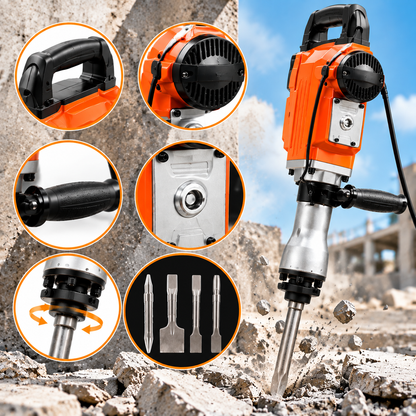 Heavy Duty Electric Demolition Hammer – Powerful Concrete Breaker with Chisel Set & Carrying Case