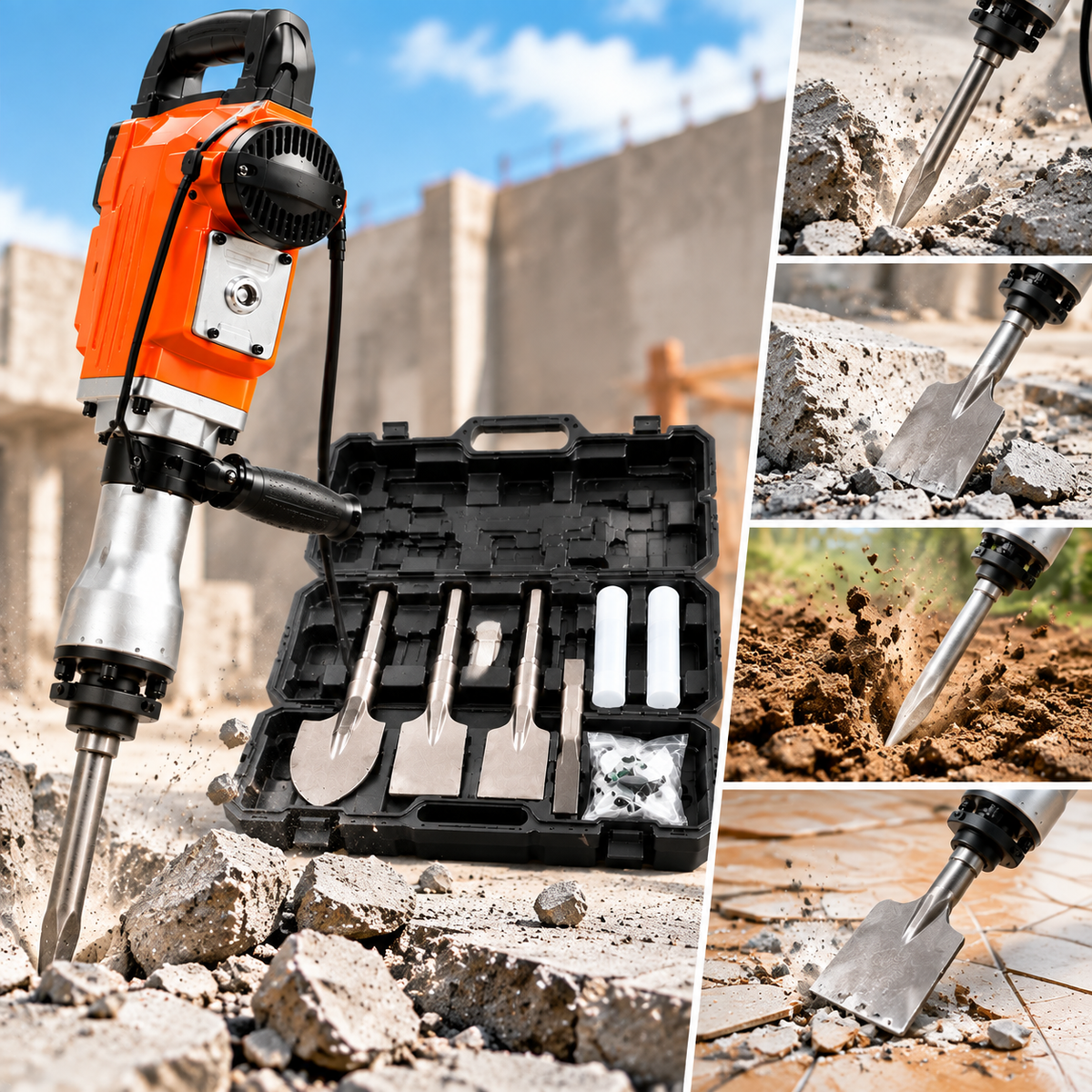 Heavy Duty Electric Demolition Hammer – Powerful Concrete Breaker with Chisel Set & Carrying Case