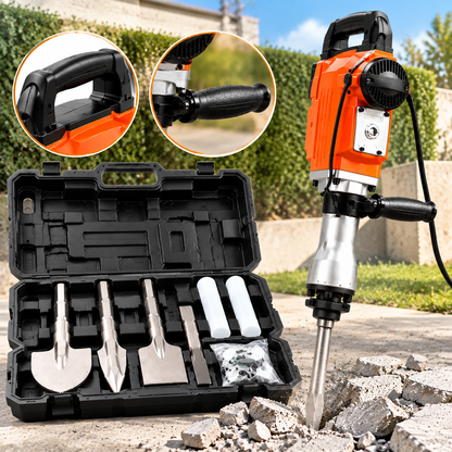 Heavy Duty Electric Demolition Hammer – Powerful Concrete Breaker with Chisel Set & Carrying Case